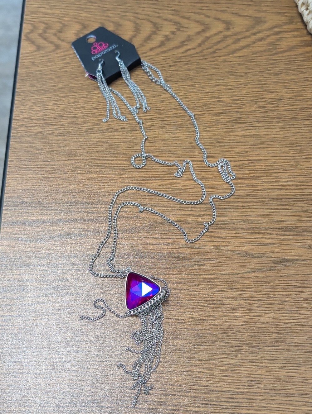 paparazzi Silver Necklace with Iridescent Fuchsia Triangle Pendant and Fringe